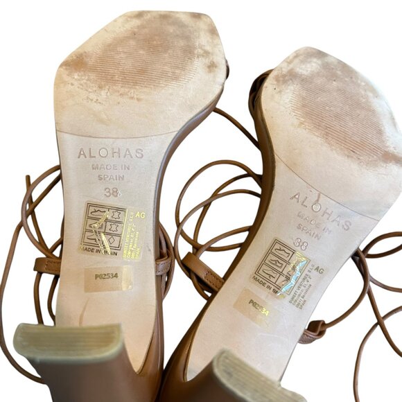 Alohas Bellini Leather Sandals Tan Lace-Up Square Toe Strappy Size 38 7.5 Womens - Picture 12 of 14